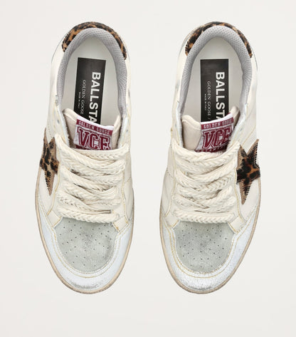 Golden Goose Ball Star white leather leopard print pony skin star and matching heel tab