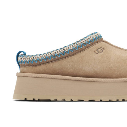 UGG Tazz II slipper in a tan brown suede finish with a contrast blue braided