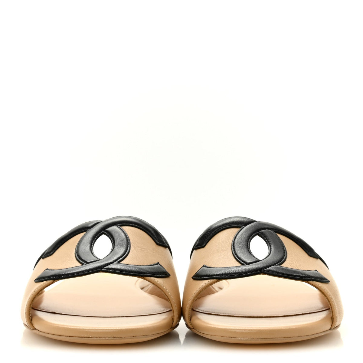 Chanel Lambskin CC Cutout Sandal Mules Beige Black