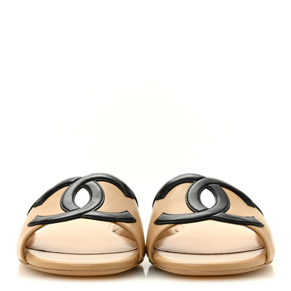 Chanel Lambskin CC Cutout Sandal Mules Beige Black