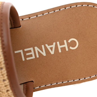 Chanel Raffia Lambskin CC Mules Beige Brown