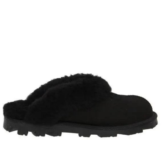 UGG Coquette Slipper black featuring a sheepskin collar and a durable rubber