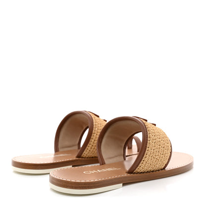 Chanel Raffia Lambskin CC Mules Beige Brown