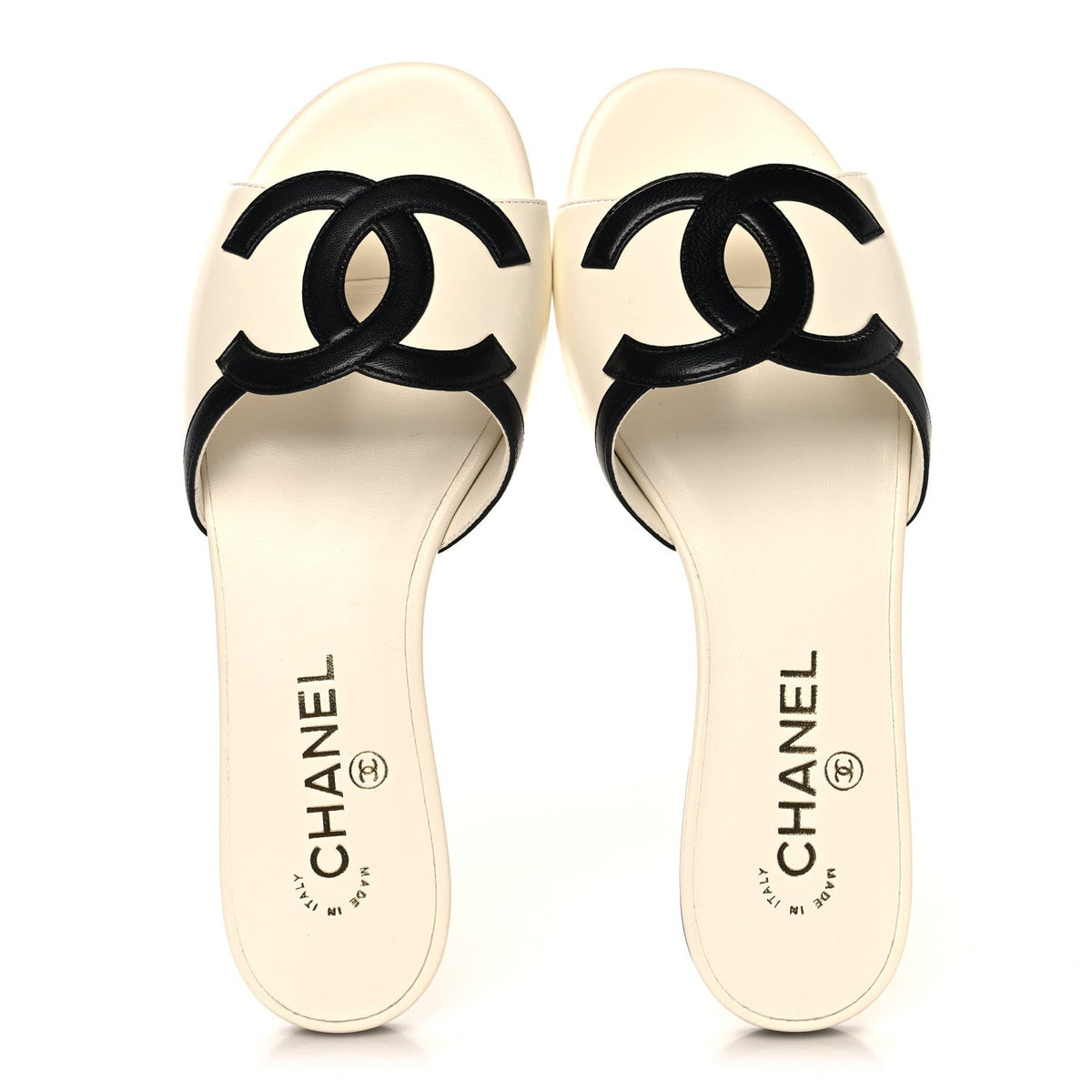 Chanel Lambskin CC Cutout Sandal Mules Ivory Black