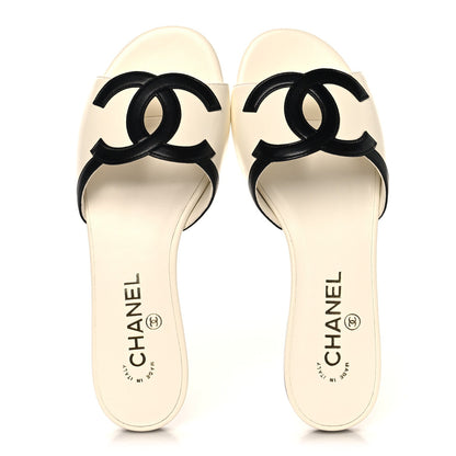 Chanel Lambskin CC Cutout Sandal Mules Ivory Black