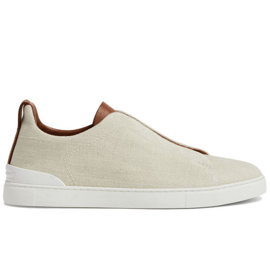 Zegna Triple Stitch Sneakers in dust white cotton linen and leather