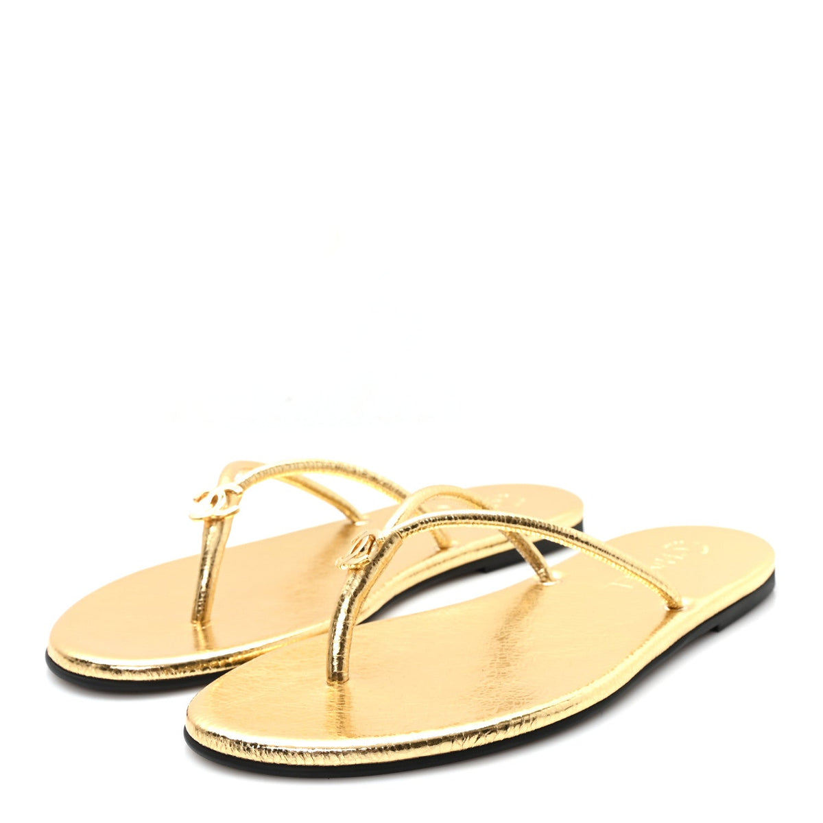 Chanel Interlocking CC Logo Flip Flops in gold leather