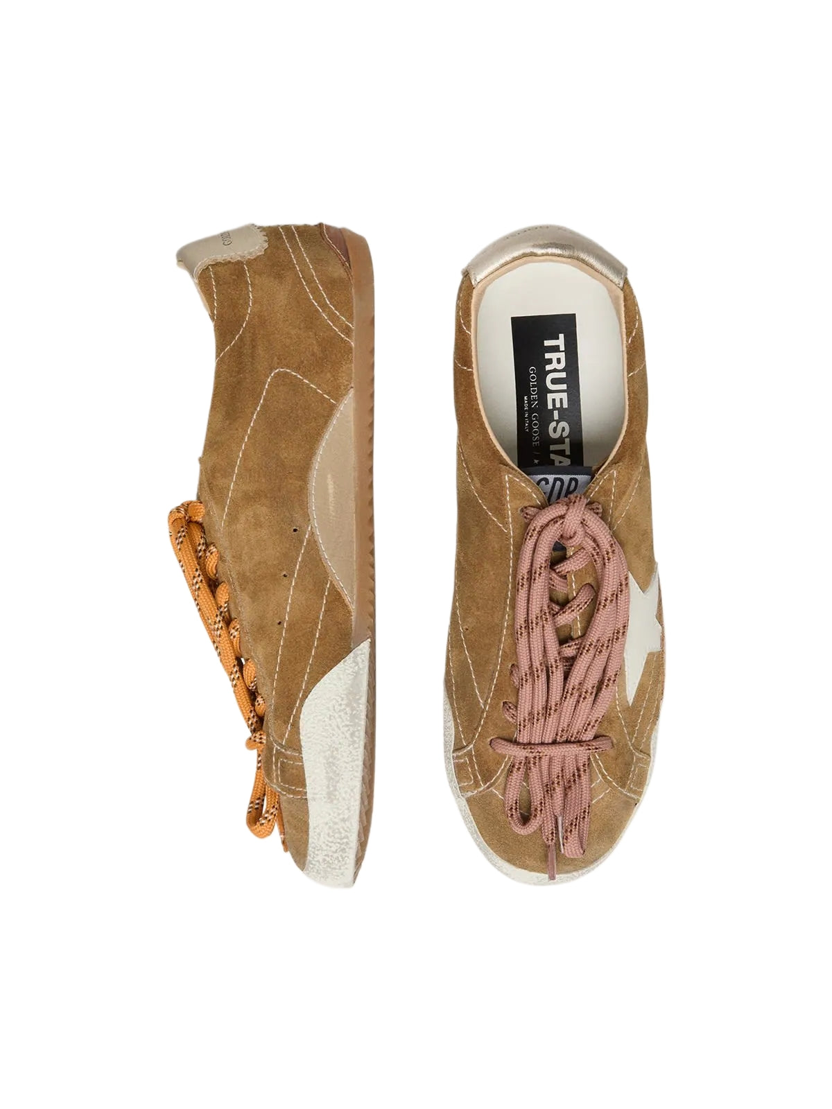 Golden Goose True-Star in tobacco suede with white star and platinum heel tab sneakers