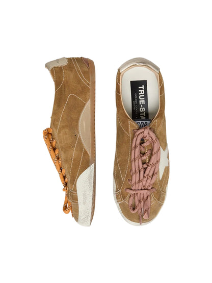 Golden Goose True-Star in tobacco suede with white star and platinum heel tab sneakers