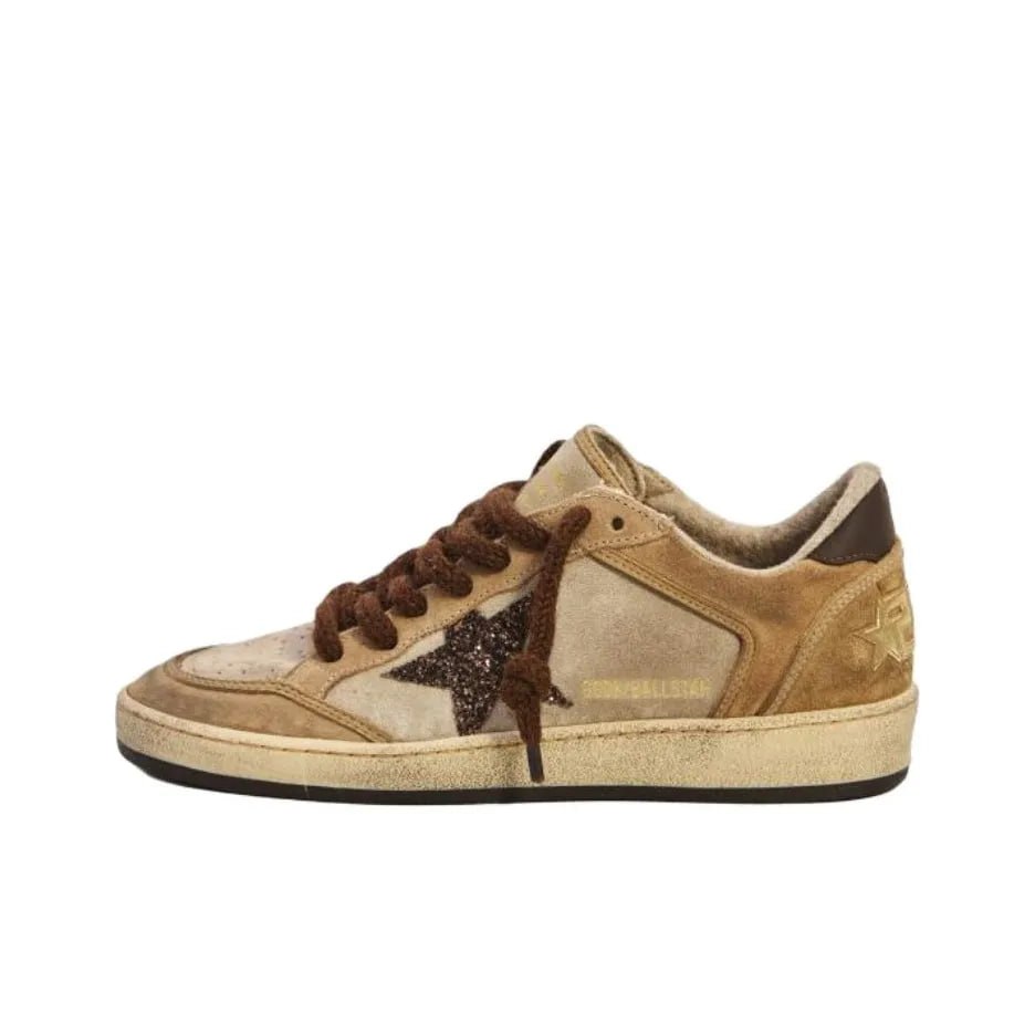 Golden Goose Ball Star Beige suede upper with a dark brown leather heel tab and glitter star