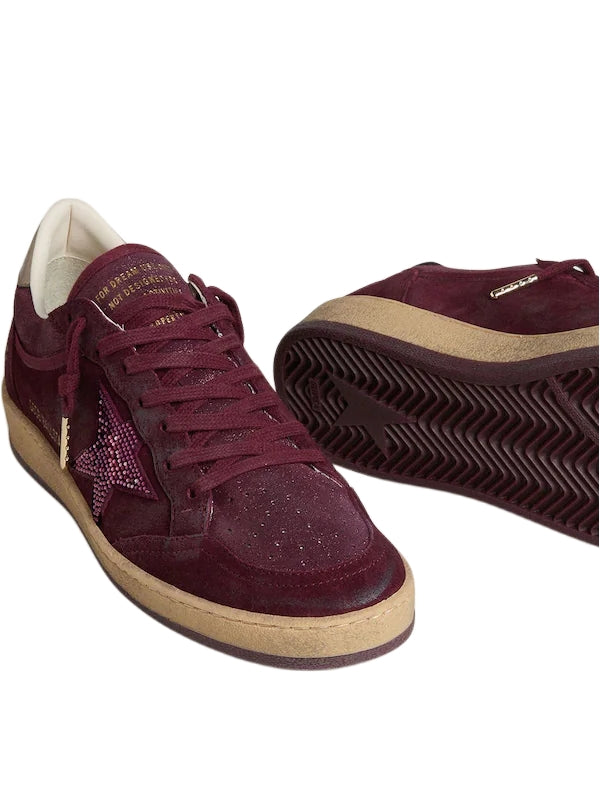 Golden Goose Ball Star in burgundy suede with crystal star and metallic leather heel tab