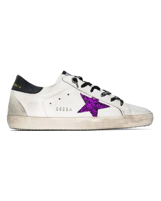 Golden Goose Super Star White Purple Glitter Star and Black tab heel Sneakers