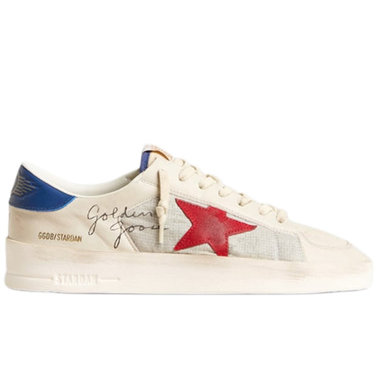 Golden Goose Stardan Leather Sneakers in an ivory white red and blue