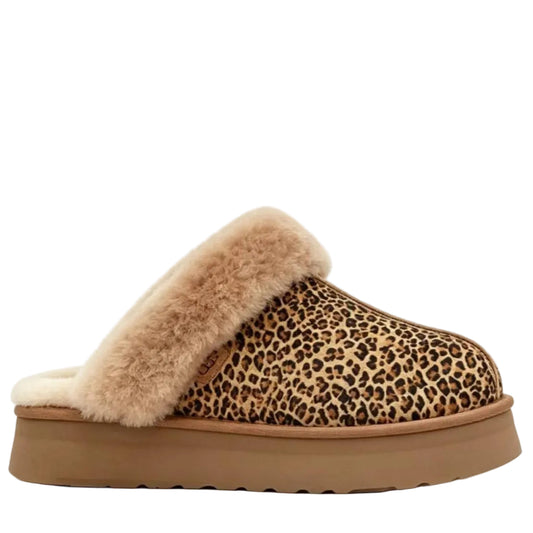 UGG Scuffette II Speckles house slipper featuring a leopard-print cow-hair upper and soft sheepskin collar