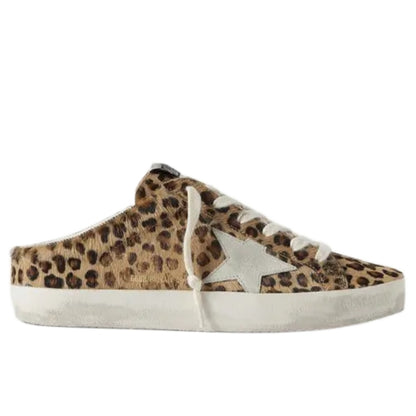 Golden Goose Super-Star Sabot distressed leopard print calf hair Distressed offwhite rubber sole cream cotton