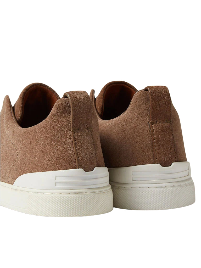 Zegna Dark Beige Suede Triple Stitch Sneakers