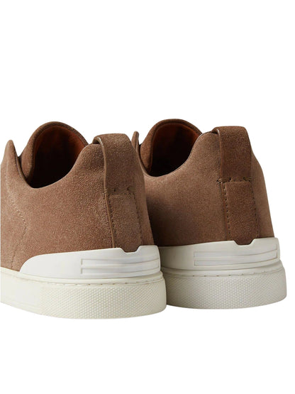 Zegna Dark Beige Suede Triple Stitch Sneakers