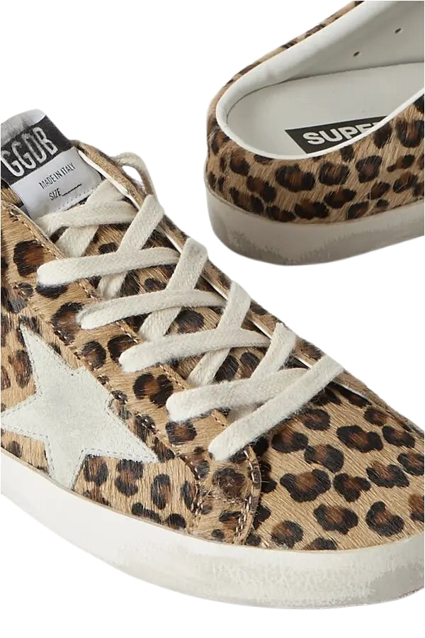 Golden Goose Super-Star Sabot distressed leopard print calf hair Distressed offwhite rubber sole cream cotton