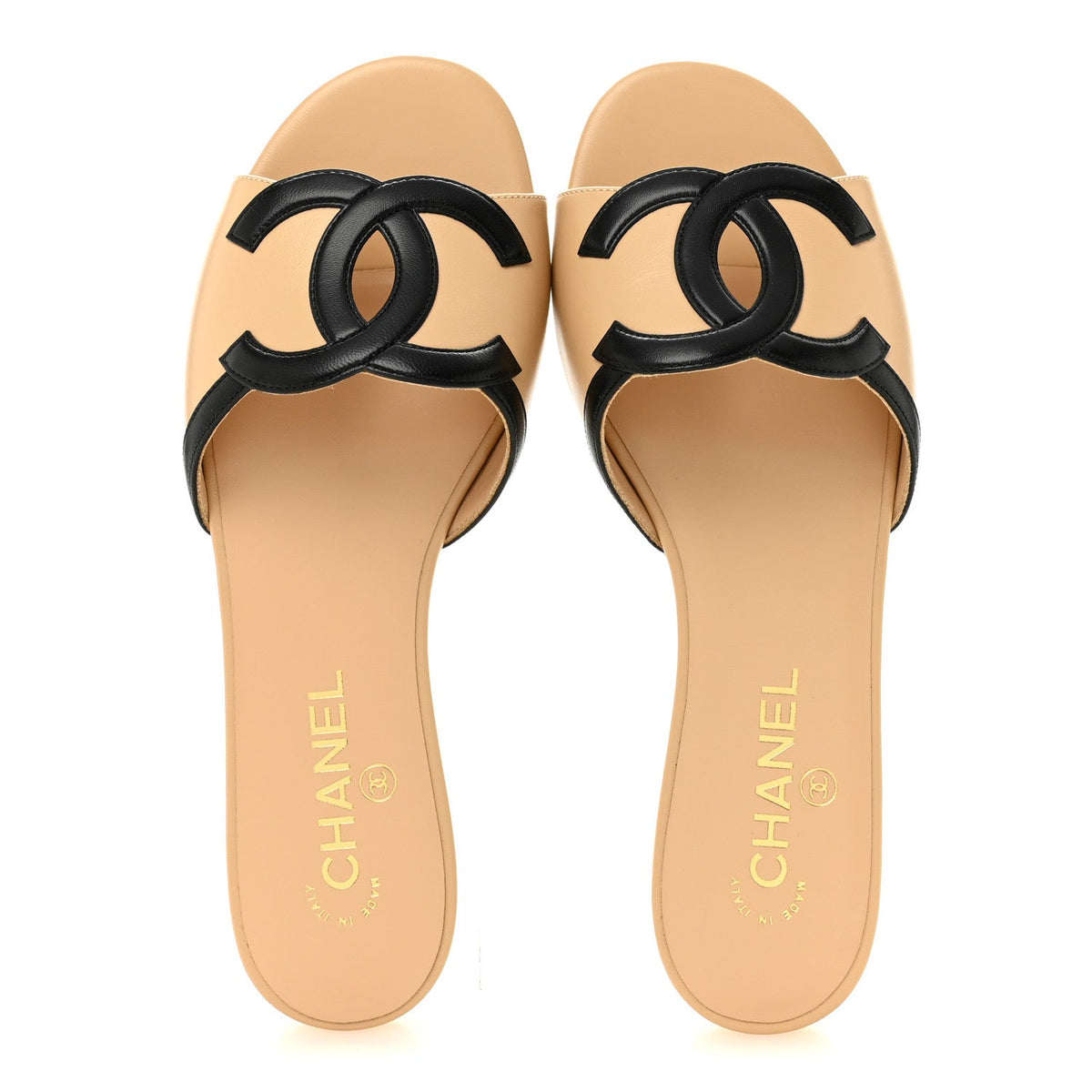 Chanel Lambskin CC Cutout Sandal Mules Beige Black