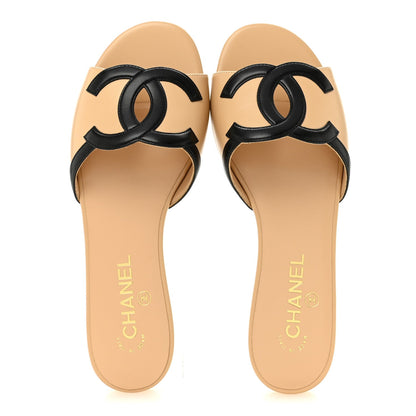 Chanel Lambskin CC Cutout Sandal Mules Beige Black
