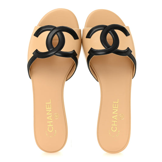 Chanel Lambskin CC Cutout Sandal Mules Beige Black