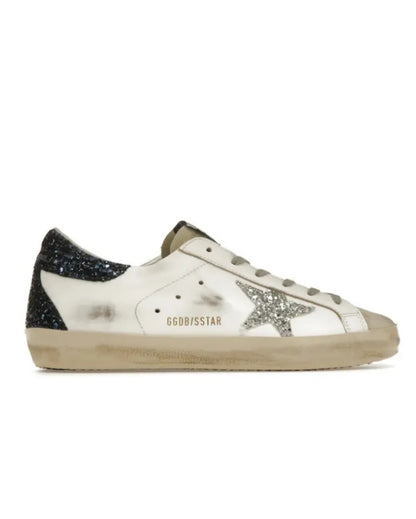 Golden Goose Super Star with sliver glitter star and black heel tab sneakers