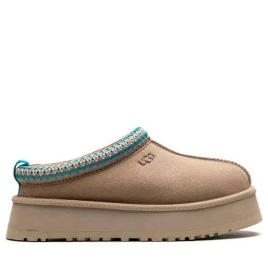 UGG Tazz II slipper in a tan brown suede finish with a contrast blue braided