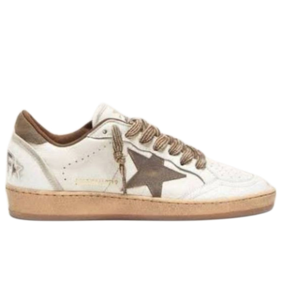 Golden Goose Ball Star low-top retro sneaker in a cream white and bronze metallic signature star