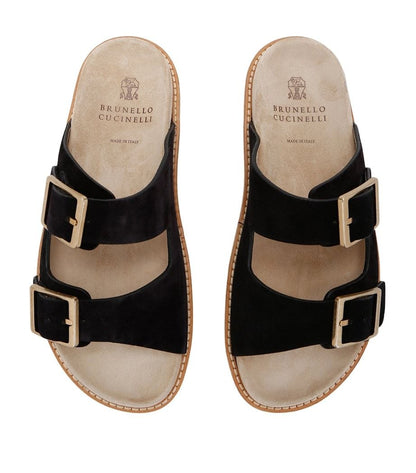 BRUNELLO CUCINELLI Suede Double Strap Sandals Black