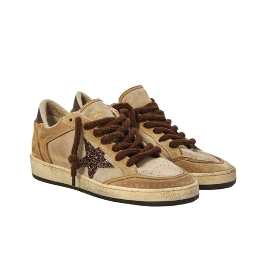 Golden Goose Ball Star Beige suede upper with a dark brown leather heel tab and glitter star