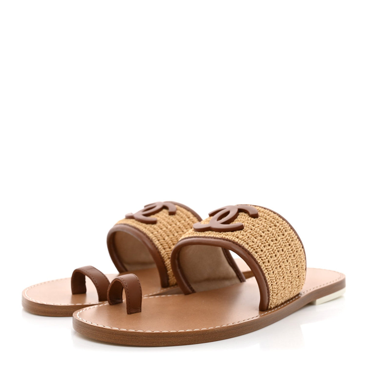 Chanel Raffia Lambskin CC Mules Beige Brown