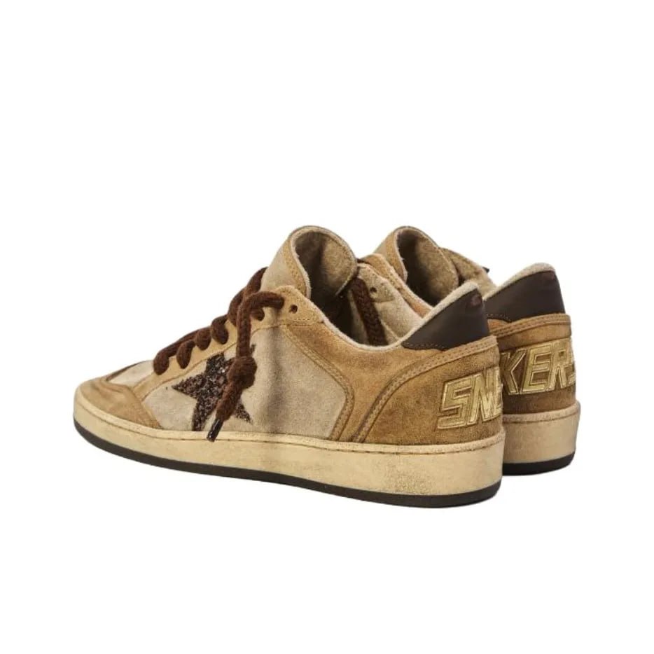 Golden Goose Ball Star Beige suede upper with a dark brown leather heel tab and glitter star