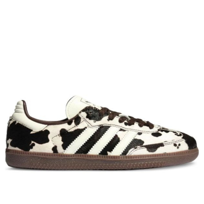 Adidas Samba OG black white cow pattern upper white leather three stripes brown laces