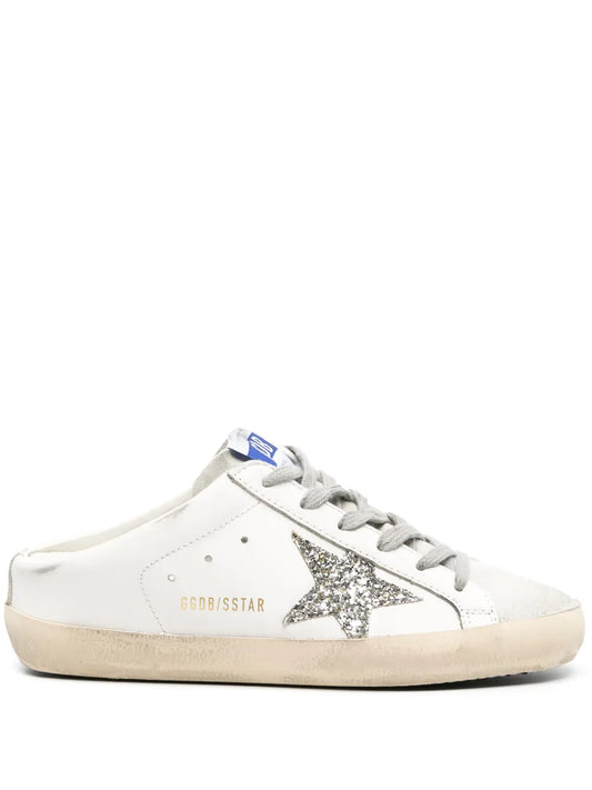 Golden Goose Super-Star Sabots in white leather with shearling lining and silver star_Unique Store