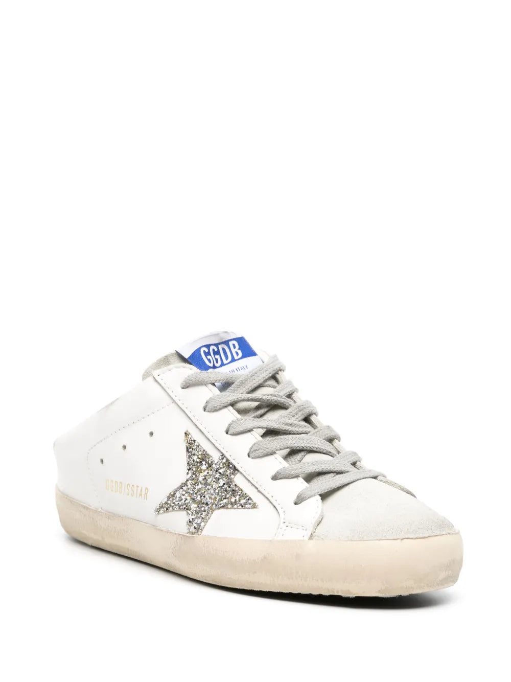 Golden Goose Super-Star Sabots in white leather with shearling lining and silver star